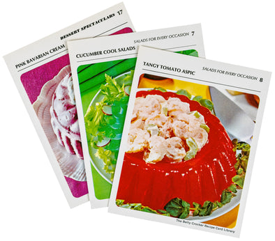 Three 1970s era recipe cards, all featuring gelatin creations.