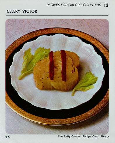 Front of the recipe card for Celery Victor from the Betty Crocker Recipe Library, with image of the dish