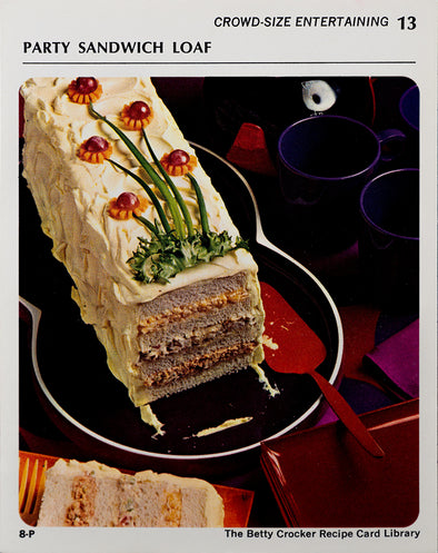 Front of the recipe card for Party Sandwich Loaf from the Betty Crocker Recipe Library, with image of the dish