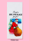 The "I've Got a Big Package For You!" dishtowel, shown folded into thirds. It features the text as well as an illustration of Santa Claus holding a large cloth sack.