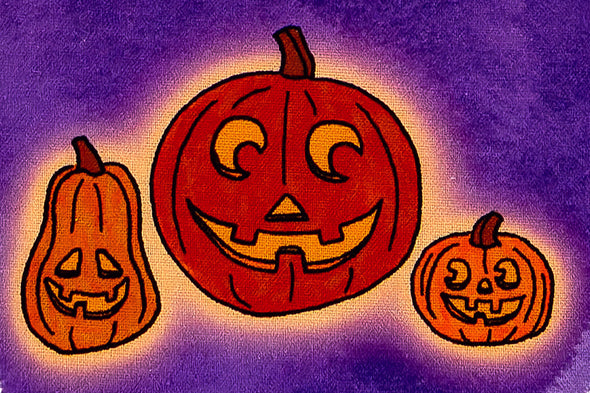 Close up view of three sassy Jack O Lanterns from Bad Grandma Designs 2024 Halloween towel collection.