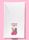 Unfolded dishtowel with an illustration of three smiling vegetables and the phrase Eat Your Fucking Veggies.