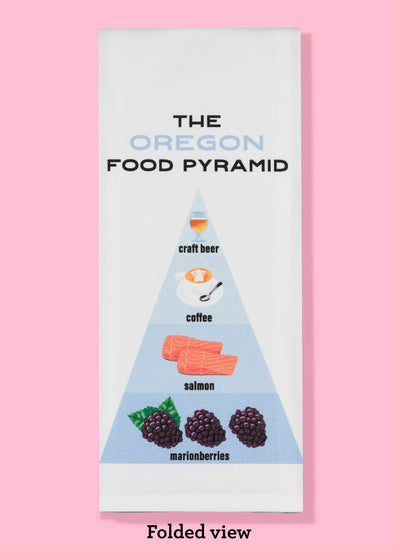 Folded dishtowel with the phrase the Oregon food pyramid. The illustration features a pyramid, similar to the USDA food pyramid, with 4 levels: The first has an illustration of a glass of beer saying beer, the second has an illustration of latte saying saying coffee, the third has an illustration of raw salmon and says salmon, the fourth has an illustration of three marrionberries and says marrionberries.