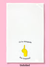 Full width view of the A la chingada los trastes dishtowel. This dishtowel features a rubber glove, middle finger, and soap bubbles as well as the humorous phrase.