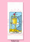 Folded dishtowel of an illustration of a faux tarot card featuring a hand emerging from a dark cloud holding an overflowing beer glass with the phrase The Beer