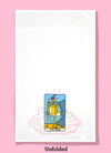 Unfolded dishtowel of an illustration of a faux tarot card featuring a hand emerging from a dark cloud holding an overflowing beer glass with the phrase The Beer