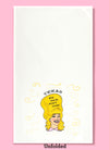 Unfolded dishtowel with the phrase Texas big hair, don't care. The illustration is of a cartoon smiling woman with large blonde hair.